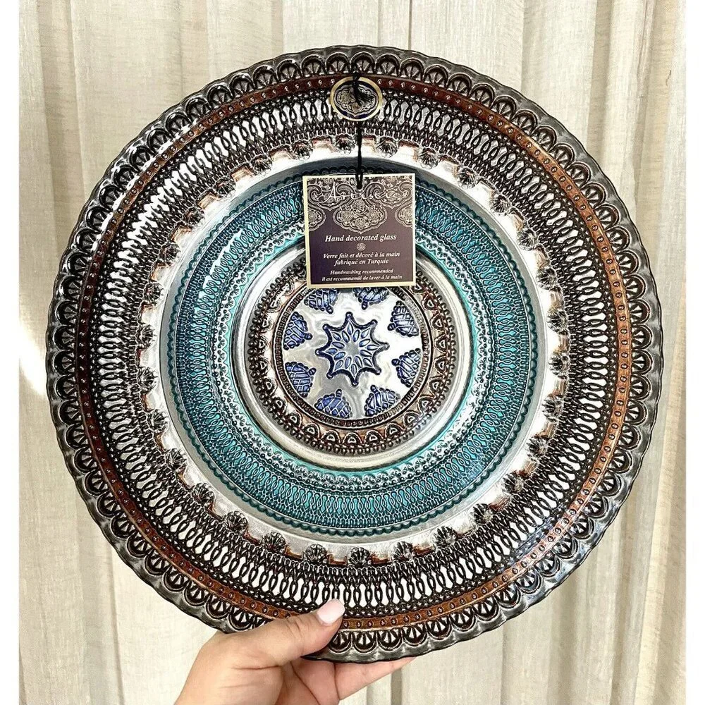 Turkish Glass Round Bowl Dinner Blue Silver Brown Lace Print 13.5